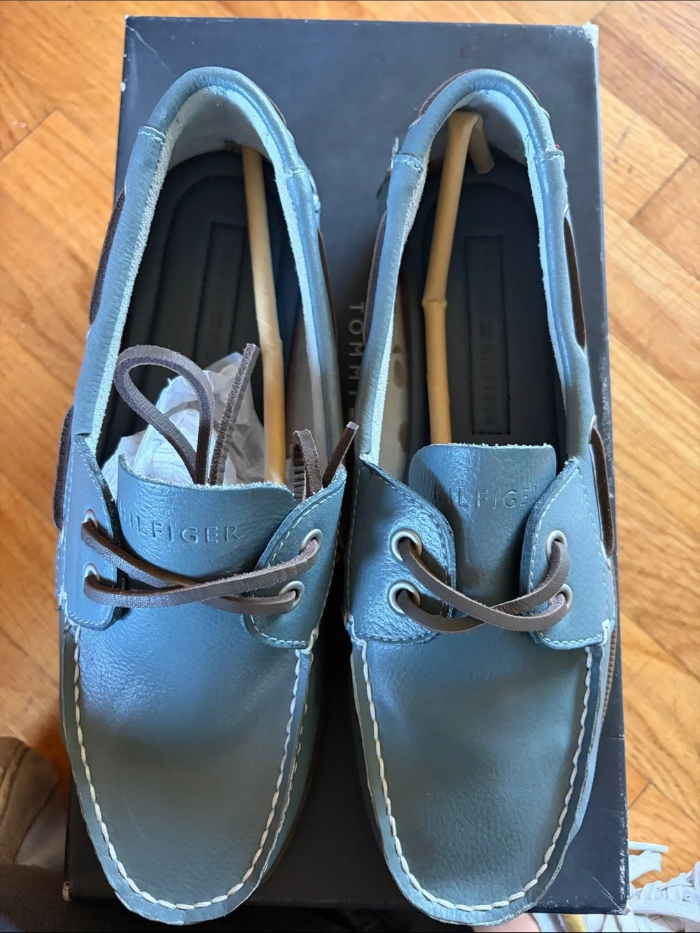 Tommy Hilfiger Men's Slate Blue Leather Boat Shoes with Brown Laces